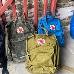 Lot of 3 Fjallraven Kanken Backpacks - Olive Green, Forest Green & Turquoise